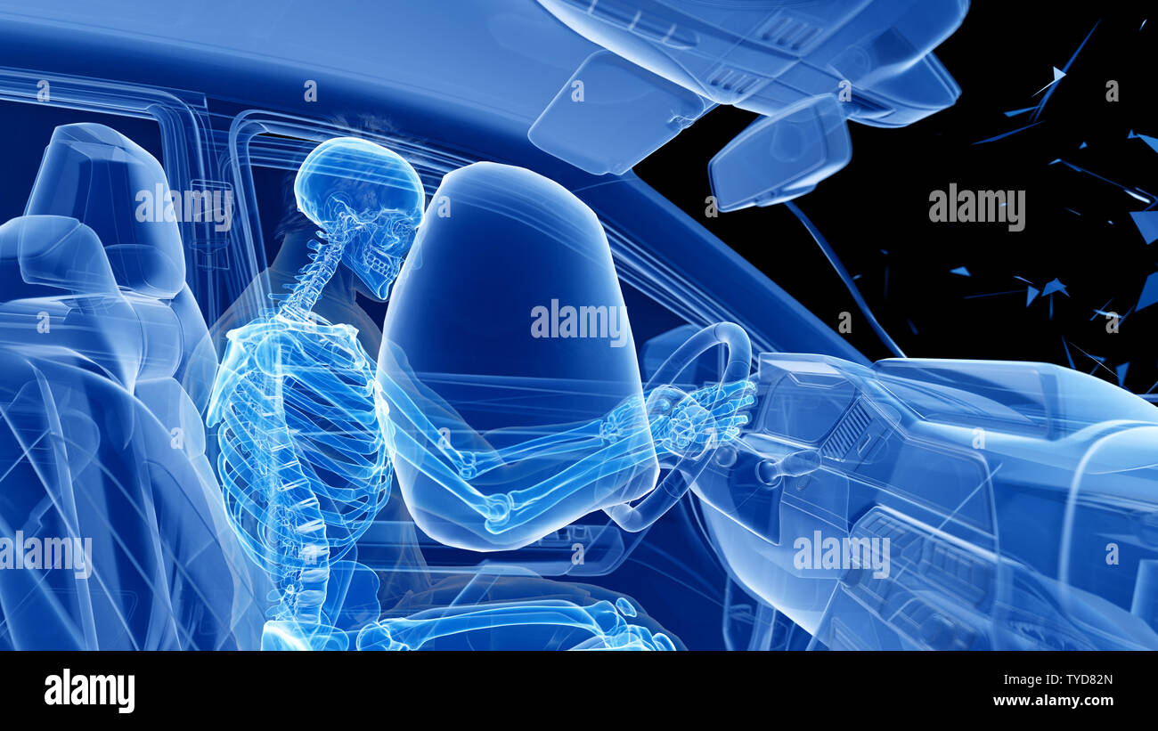 3d reso illustrazione di due collidere cars - che illustra l'effetto di un urto con un airbag Foto Stock