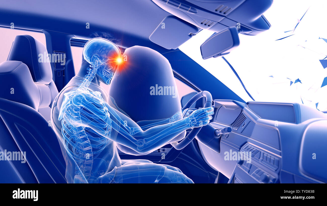3d reso illustrazione di due collidere cars - che illustra l'effetto di un urto con un airbag Foto Stock