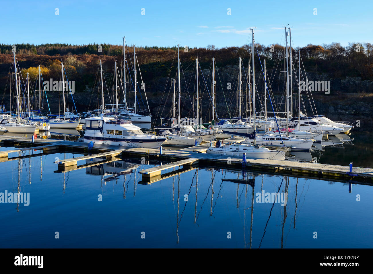 Yacht e incrociatori motore ormeggiato a Portavadie Marina sul Loch Fyne in Argyll and Bute, Scotland, Regno Unito Foto Stock