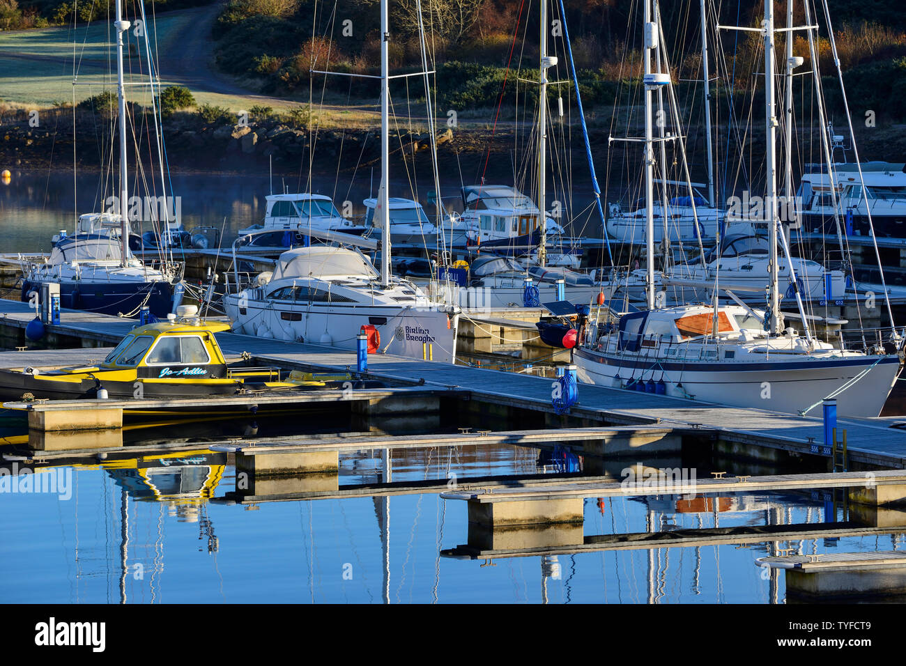 Yacht e incrociatori motore ormeggiato a Portavadie Marina sul Loch Fyne in Argyll and Bute, Scotland, Regno Unito Foto Stock