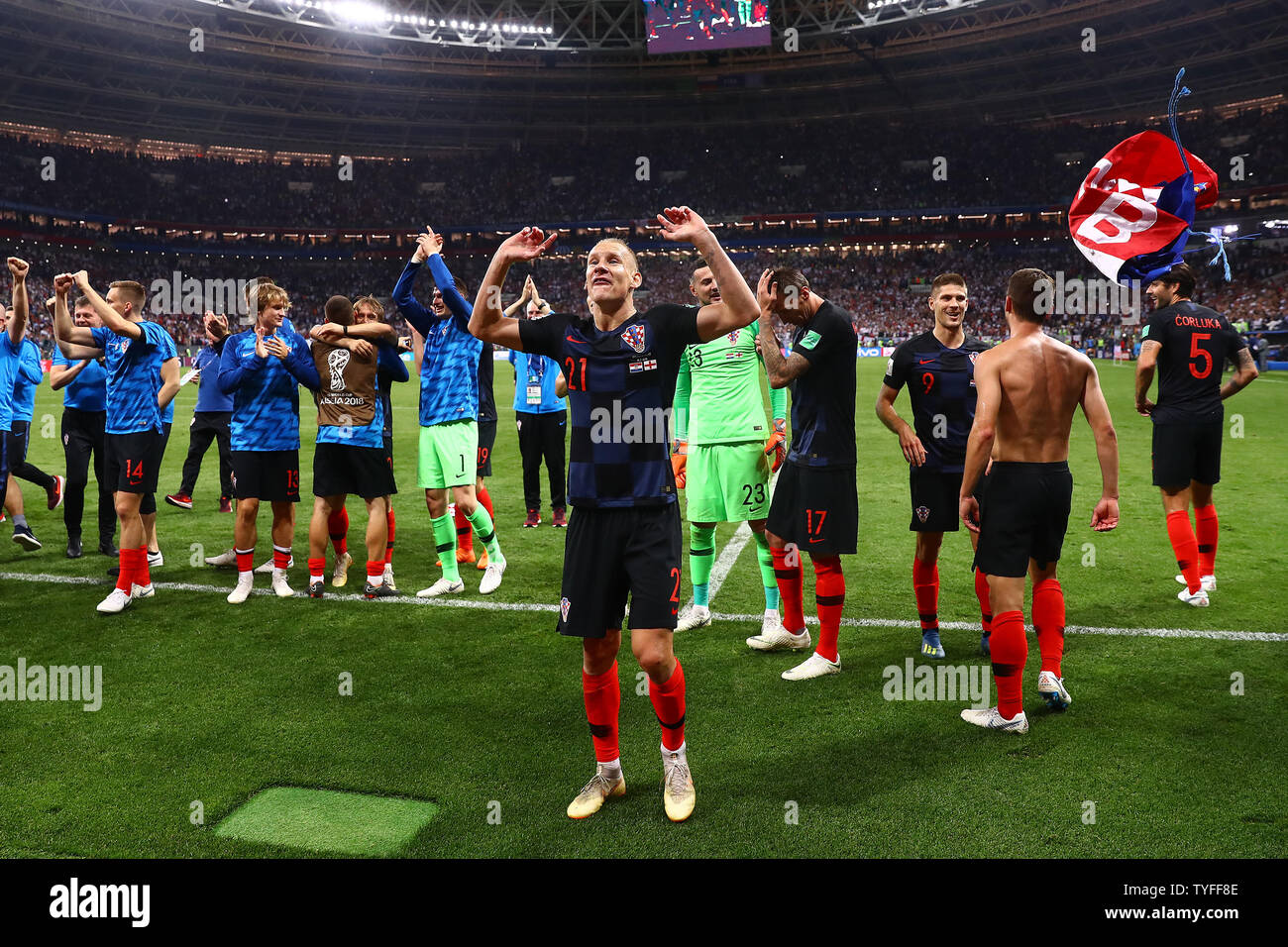 Croazia celebrare seguendo il 2018 FIFA World Cup semi-finale corrispondono a Luzhniki Stadium di Mosca, Russia sulla luglio 11, 2018. Croazia beat Inghilterra 2-1 di qualificarsi per la finale. Foto di Chris Brunskill/UPI Foto Stock