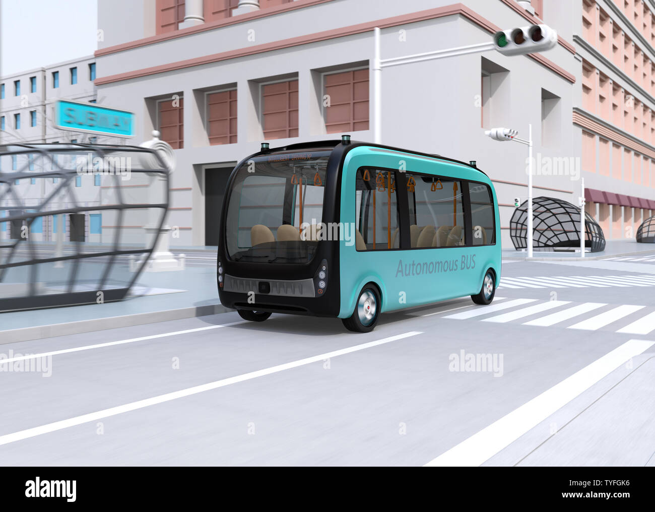 Auto-pilotaggio del bus navetta è la guida attraverso un incrocio. Il rendering 3D'immagine. Foto Stock