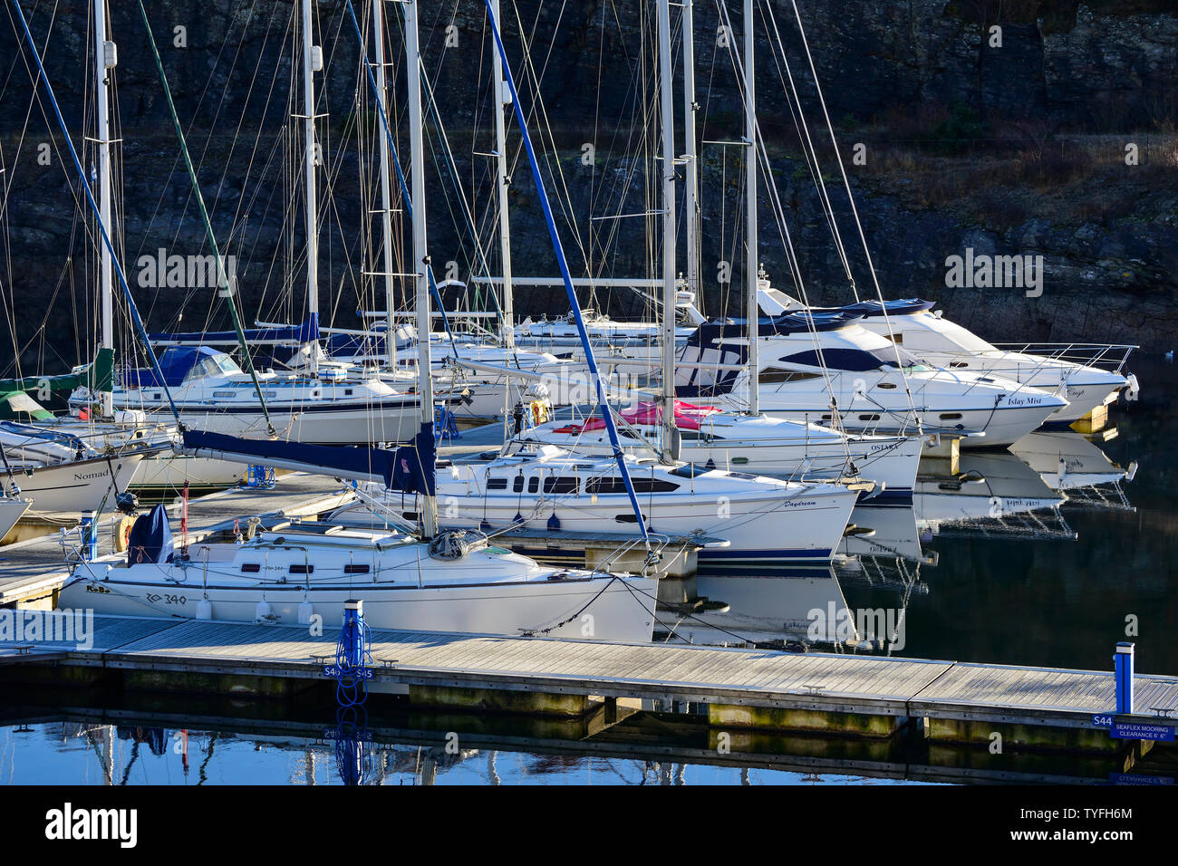 Yacht e incrociatori motore ormeggiato a Portavadie Marina sul Loch Fyne in Argyll and Bute, Scotland, Regno Unito Foto Stock