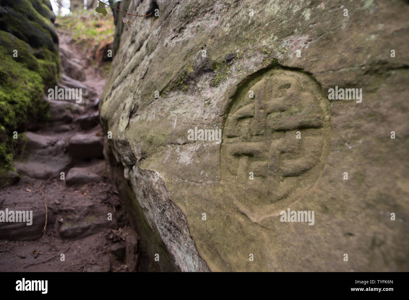 Simbolo celtico inciso nella roccia a Dunino Den, Dunino, St. Andrews Fife, Scozia. Foto Stock