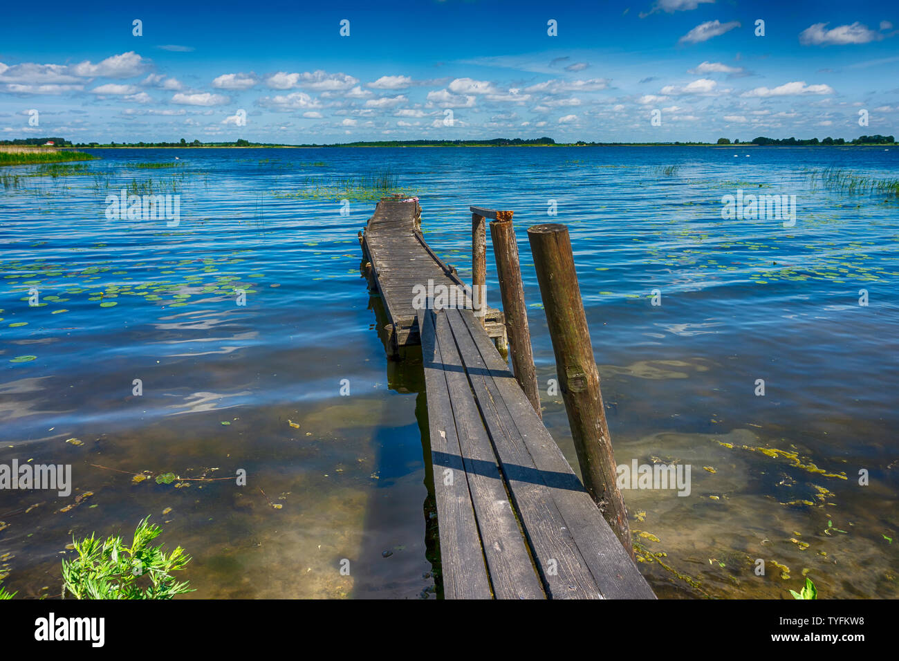 Il vecchio sgangherato pontile in legno che conduce in un lago calmo che riflette il sole blu cielo con il litorale di verde e di alberi in lontananza Foto Stock