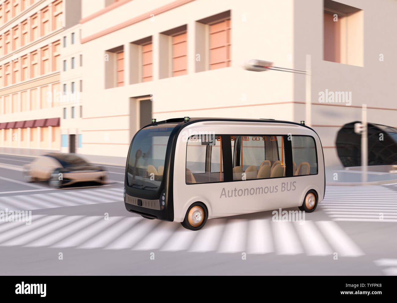 Auto-pilotaggio del bus navetta è la guida attraverso un incrocio. Il rendering 3D'immagine. Foto Stock