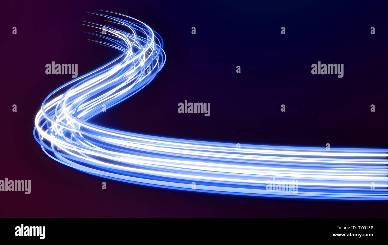 Abstract dinamica futuristico neon blue stream. Flusso di dati digitale linee con alimentazione luce ottica cavo. Connettività di informazioni e il trasferimento di tecnologia Foto Stock