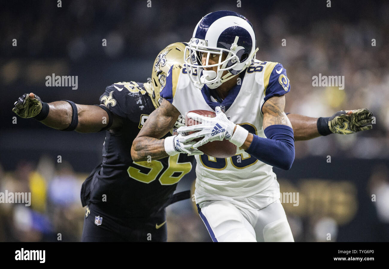 New Orleans Saints fuori linebacker Demario Davis (56) insegue giù Los Angeles Rams wide receiver Josh Reynolds (83) dopo un ricevimento nella seconda metà del campionato NFC al Mercedes-Benz Superdome di New Orleans il 20 gennaio 2019. I Rams sconfitti i santi 26-23 in lavoro straordinario per passare al Super Bowl LIII. Foto di Mark Wallheiser/UPI Foto Stock