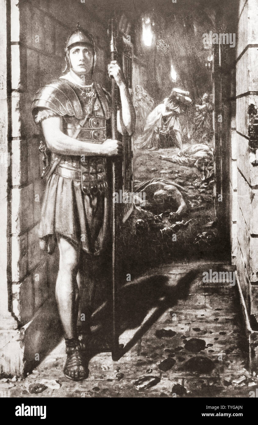 Fedele fino alla morte. Un soldato di guardia il suo maestro durante la distruzione di Pompei, Italia. Dopo la pittura di Sir Edward Poynter J. Da un Marketing Board per poster, c.1930. Foto Stock