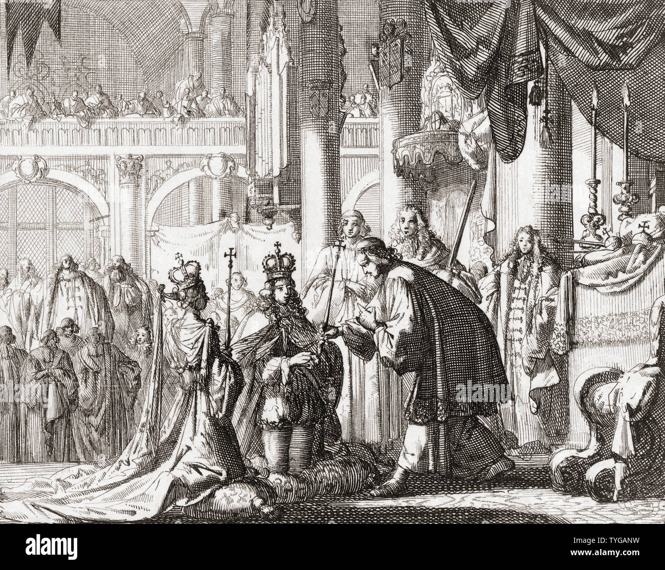 Incoronazione del Re Guglielmo III e della Regina Maria II, Aprile 11, 1689. Dopo un lavoro di Jan Luyken. Foto Stock