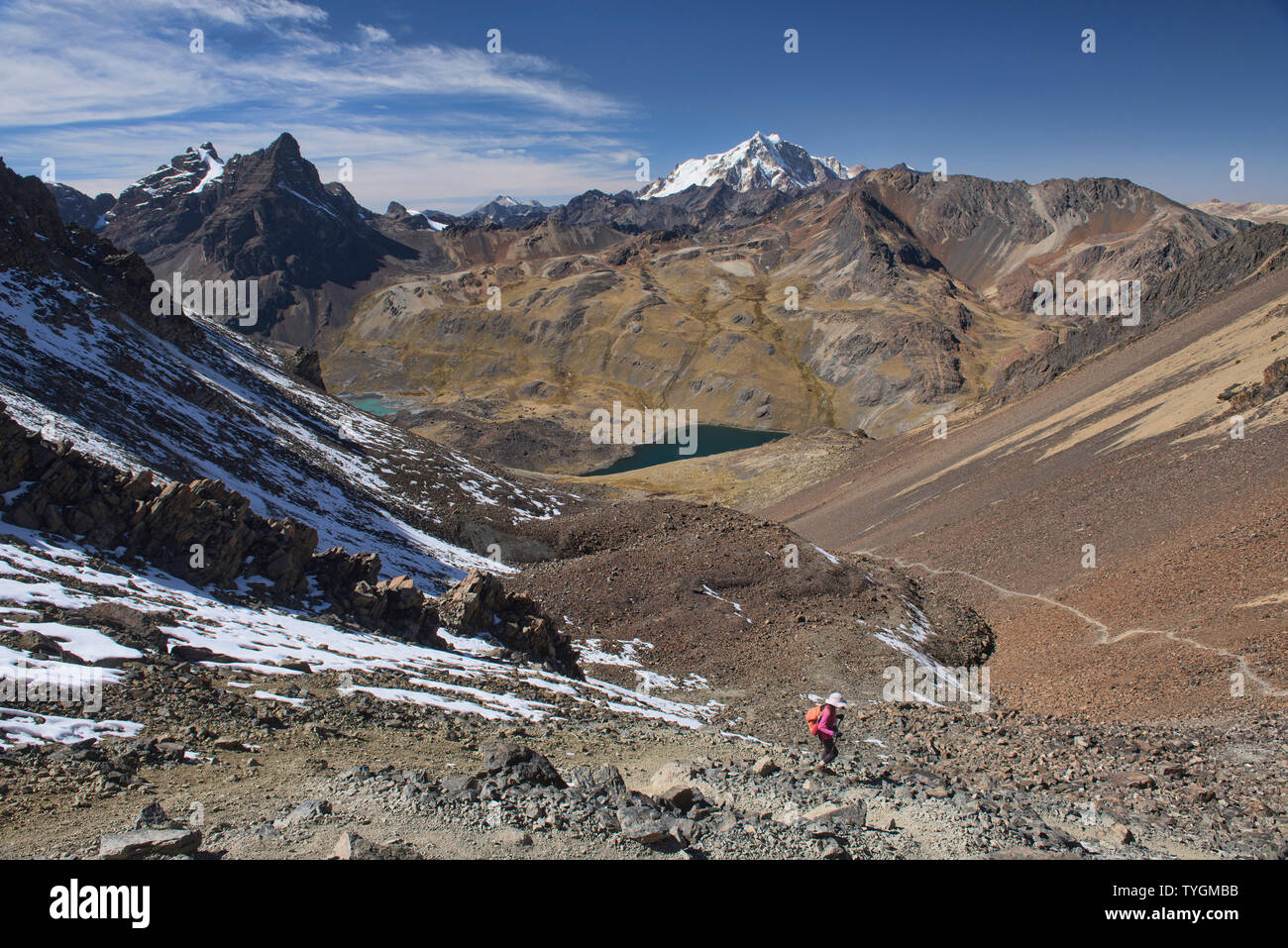 Discendente da Pico Austria sulla Cordillera Real traversa, Bolivia Foto Stock