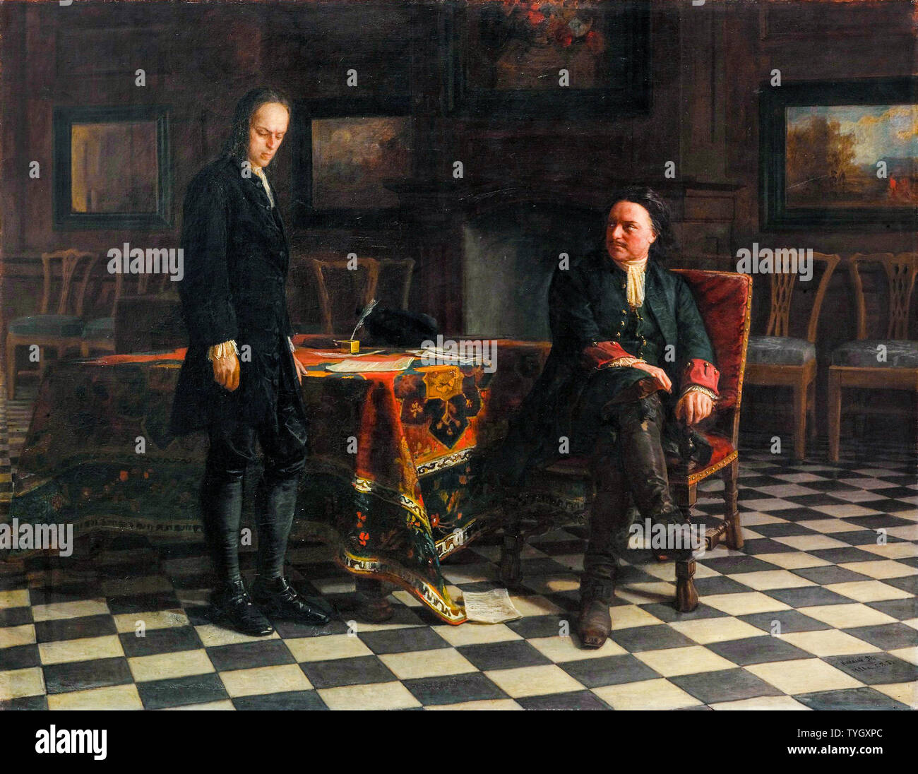 Nikolai Ge, Pietro il Grande interrogando lo Tsarevich Alexei Petrovich a Peterhof, ritratto dipinto, 1871 Foto Stock