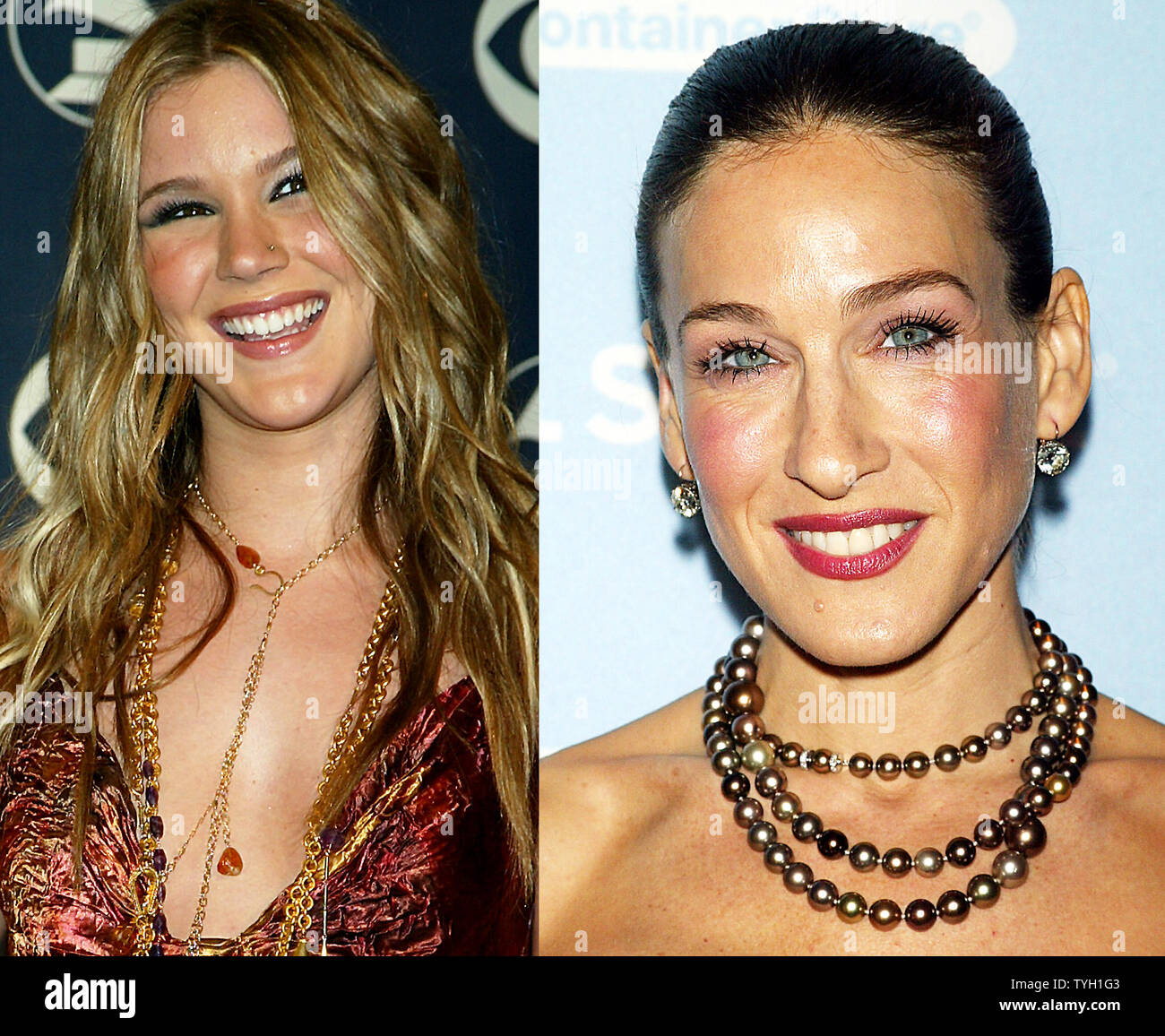 British cantante soul Joss Stone, 17, ha sostituito attrice Sarah Jessica Parker, 40, (da sinistra a destra) come il portavoce di Gap Inc. La società ha annunciato il 25 marzo 2005. La modifica è stata apportata a un target più giovane del mercato. Annunci di pietra inizierà ad aria durante le lacune 2005 estate campagna pubblicitaria. (UPI foto/Laura Cavanaugh) Foto Stock