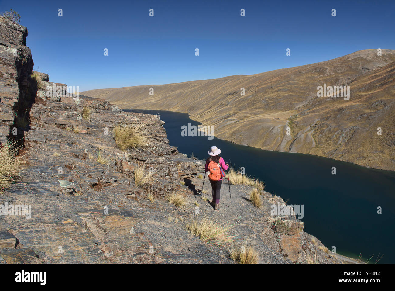 Trekking al di sopra del lago di Khara Khota (Q'ara Quta) lungo la cordigliera Real traversa, Bolivia Foto Stock