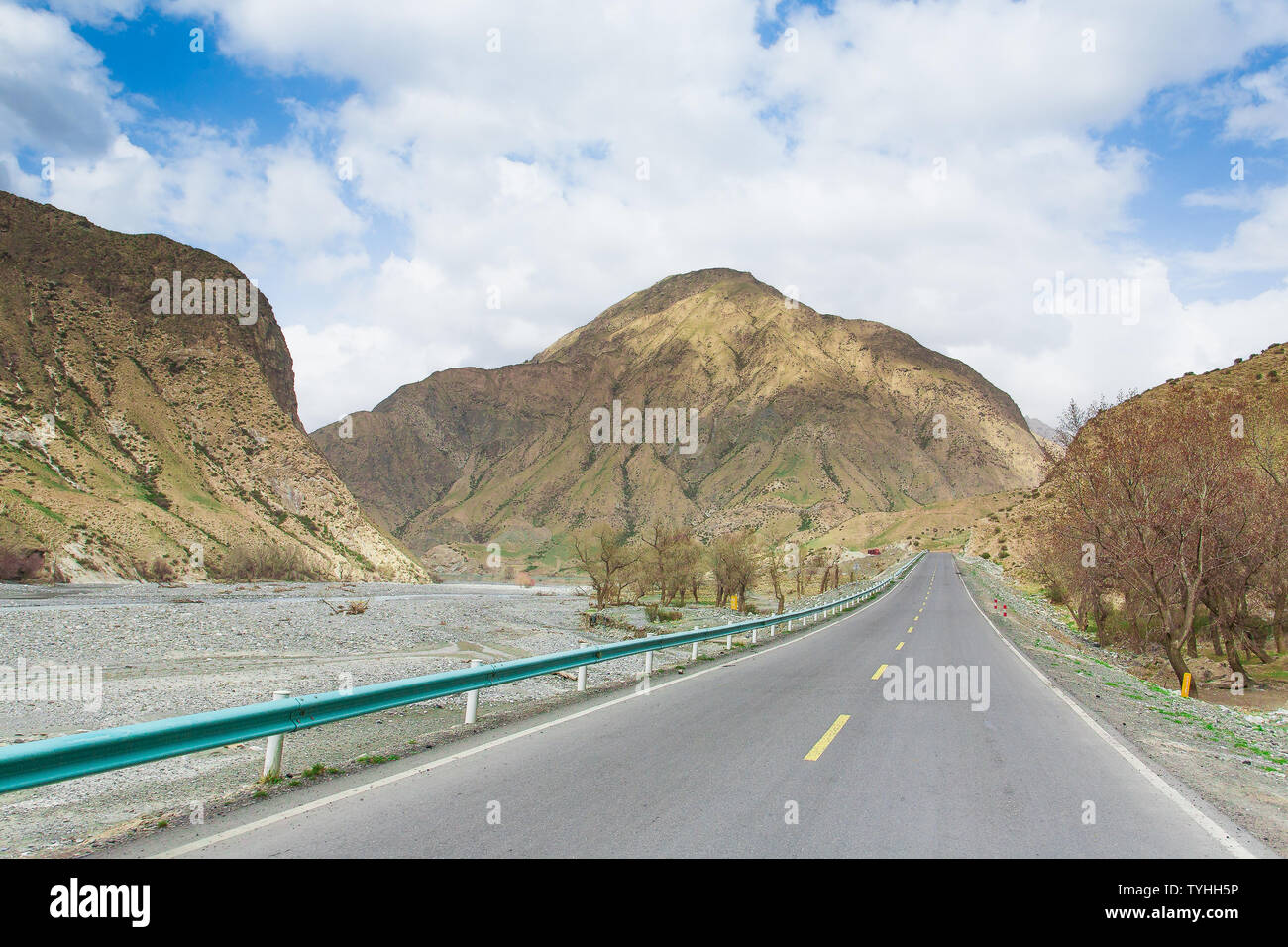 Primavera in montagna è venuto in ritardo, e pioppeti lungo la strada Doku non germogliare fino a maggio Foto Stock