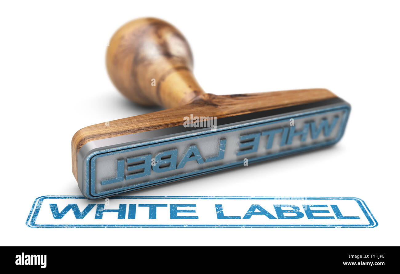 3D illustrazione di un timbro di gomma su sfondo bianco con il testo etichetta bianca stampata in colore blu. Foto Stock
