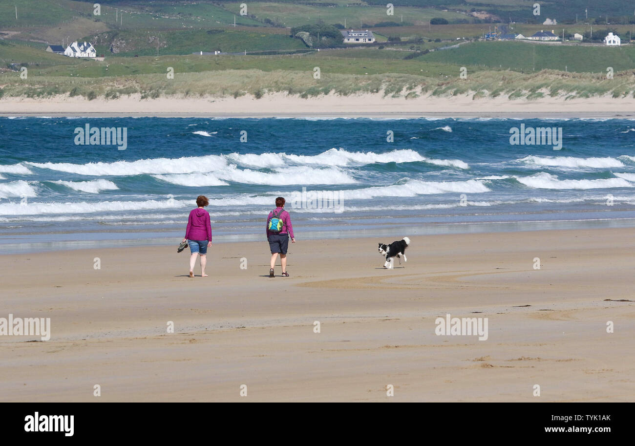 Fanad, County Donegal, Irlanda. Il 26 giugno 2019. Come ottenere più mite e più soleggiato sulla penisola di Fanad nella Contea di Donegal, Irlanda. Lungo le magie di sole in una brezza fresca per una piacevole giornata d'estate. Due donne con un cane sul filamento Ballyhiernan. Credito: David Hunter/Alamy Live News. Foto Stock