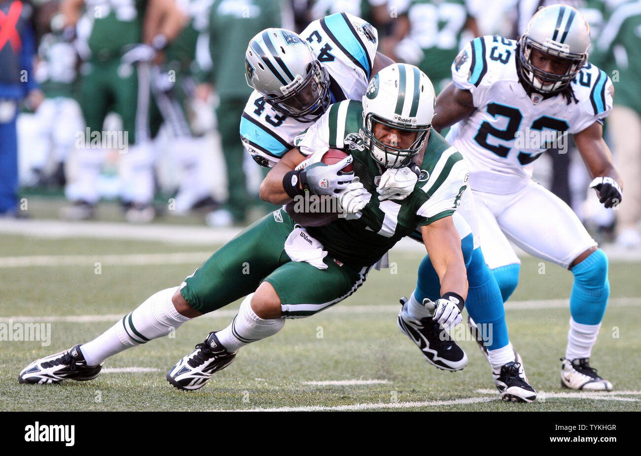 Carolina Panthers Chris Harris (42) affronta New York getti Dustin Keller nel secondo trimestre nella settimana 12 della stagione di NFL al Giants Stadium di East Rutherford, New Jersey il 29 novembre 2009. I getti sconfitto le pantere 17-6. UPI /John Angelillo Foto Stock