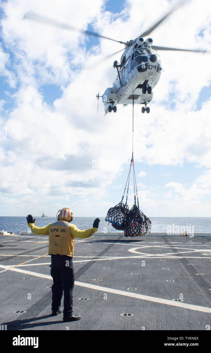 190625-N-QO047-1398 OCEANO PACIFICO (25 giugno 2019) dell'aviazione di Boatswain Mate (manipolazione) 3° di classe Walter Rutherford, dal Cheyenne Wyoming, segnali per una SA-330 Puma elicottero che trasporta il carico per il trasporto anfibio dock nave USS Green Bay (LPD 20) durante un rifornimento verticale con i militari Sealift il comando di carichi secchi e munizioni nave USNS Richard E. Byrd (T-AKE 4). Green Bay, parte della Vespa Anfibia Gruppo pronto, con avviato 31 Marine Expeditionary Unit, è operativo nell'Indo-Pacifico regione per migliorare l'interoperabilità con i partner e servire come un pronto-res Foto Stock