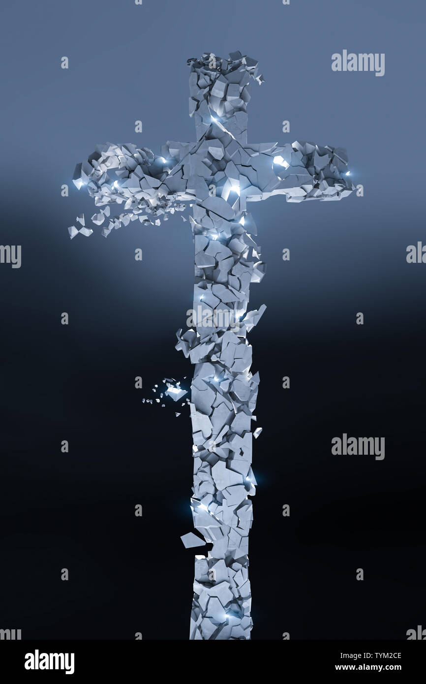 Christian croce di pietra che si rompe in tanti pezzi, bagliori e uno sfondo scuro. 3D render image. Concetto di fede e di cristianesimo. Foto Stock