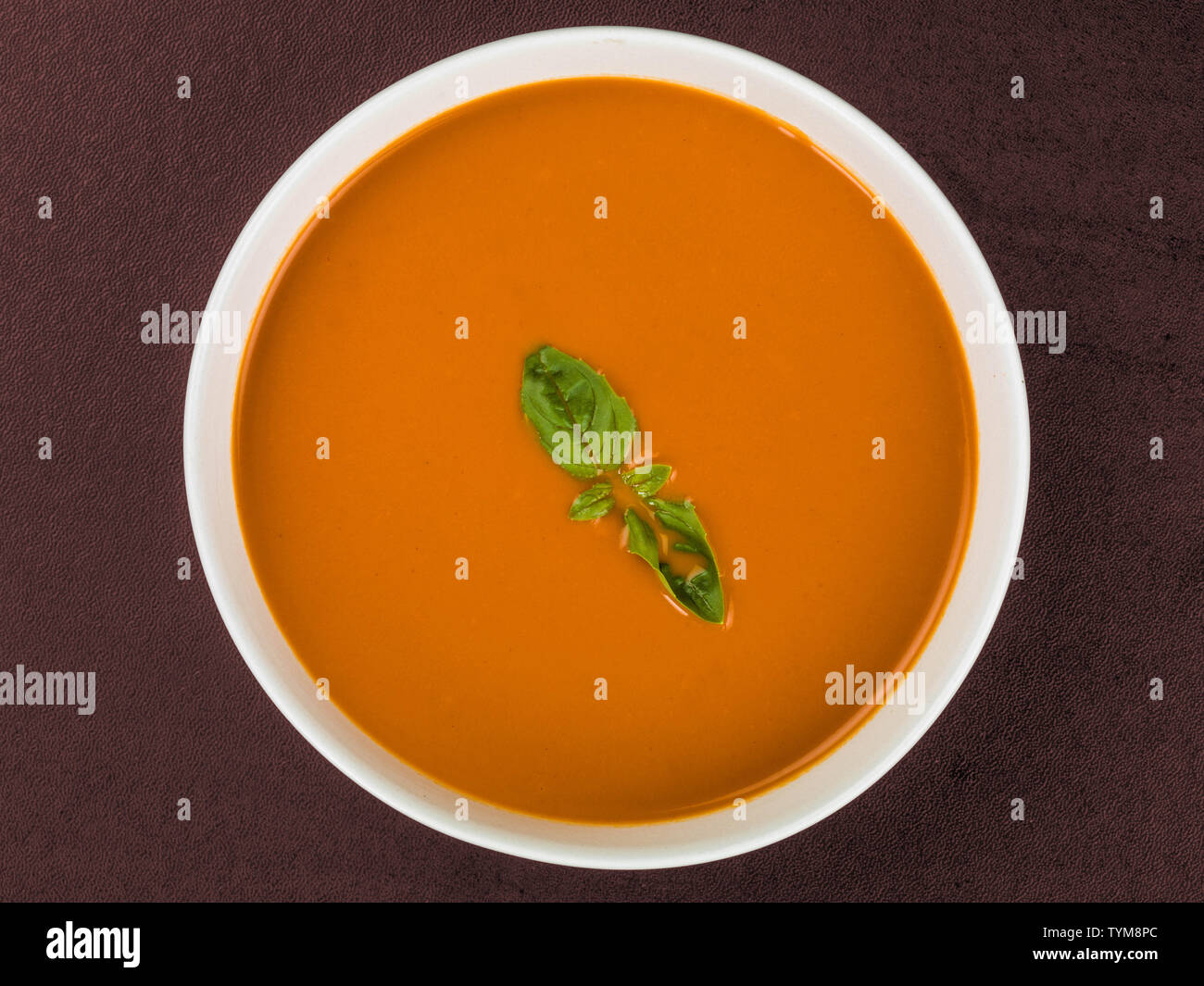 Terrina di pomodori e basilico zuppa contro uno sfondo nero Foto Stock