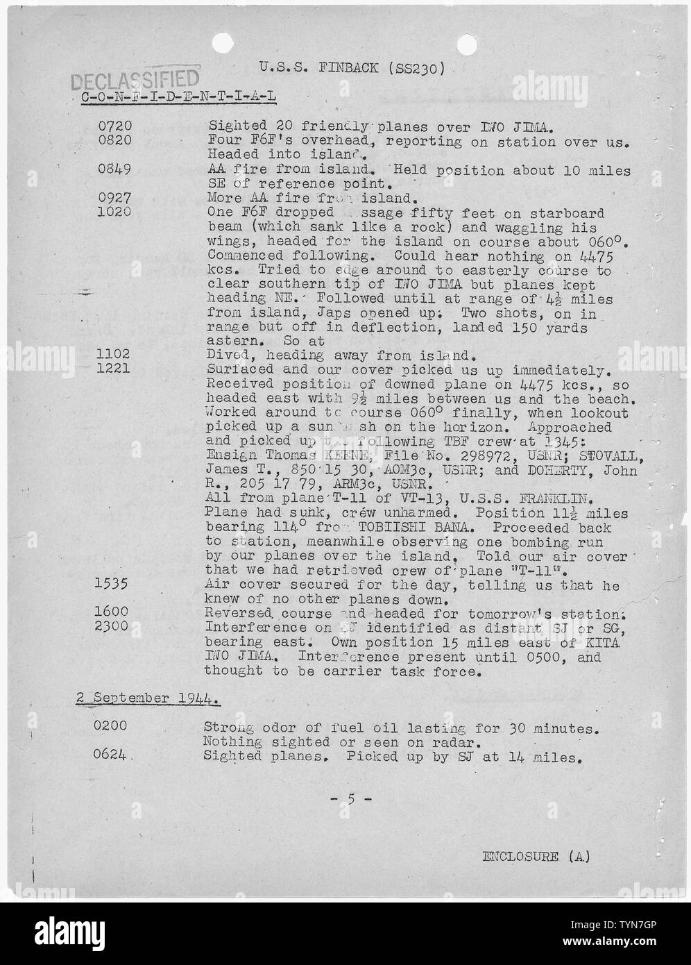 Stati Uniti La guerra sottomarina relazione Patrol, USS FINBACK (SS-230), decimo War Patrol, 2 settembre 1945.; Portata e contenuto: questa guerra patrol voce report include il salvataggio di George Bush dopo la eventuale Presidente del velivolo è stato abbattuto sull'oceano durante la Seconda Guerra Mondiale. Foto Stock