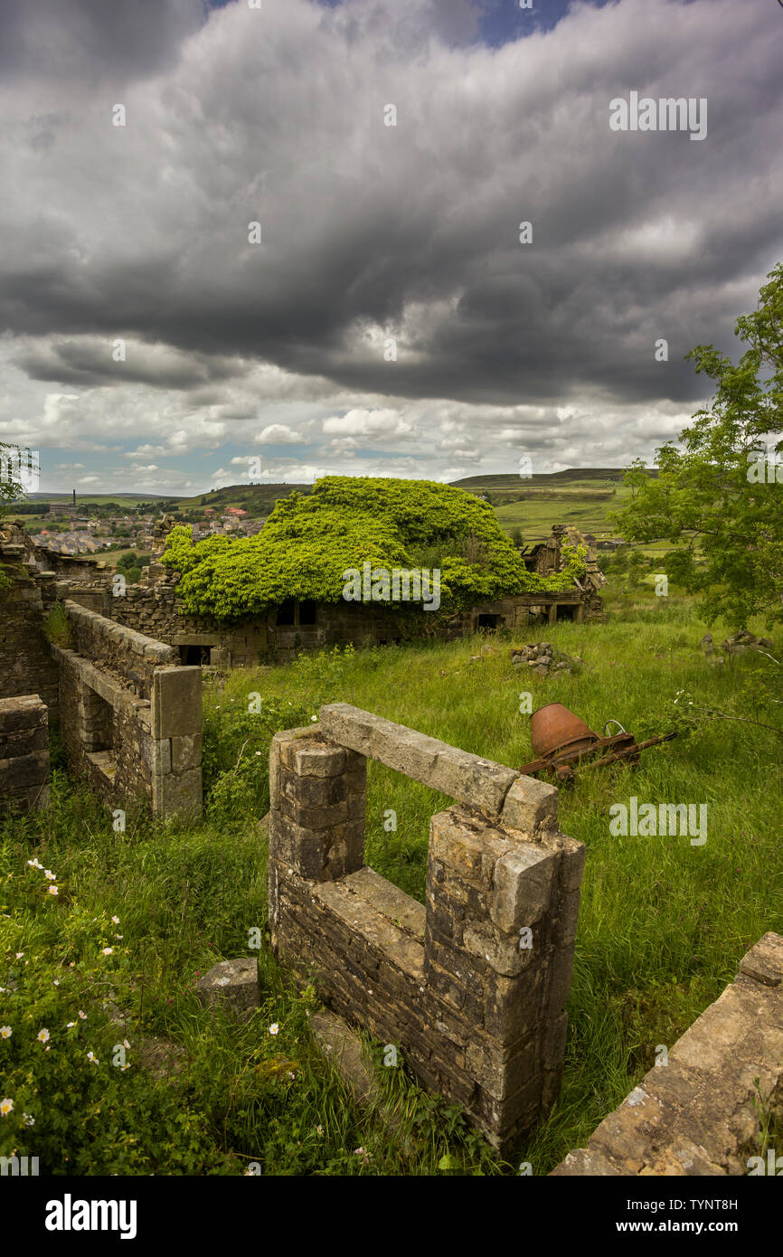 Edifici agricoli abbandonati nelle brughiere sopra Keighley, West Yorkshire, Regno Unito Foto Stock