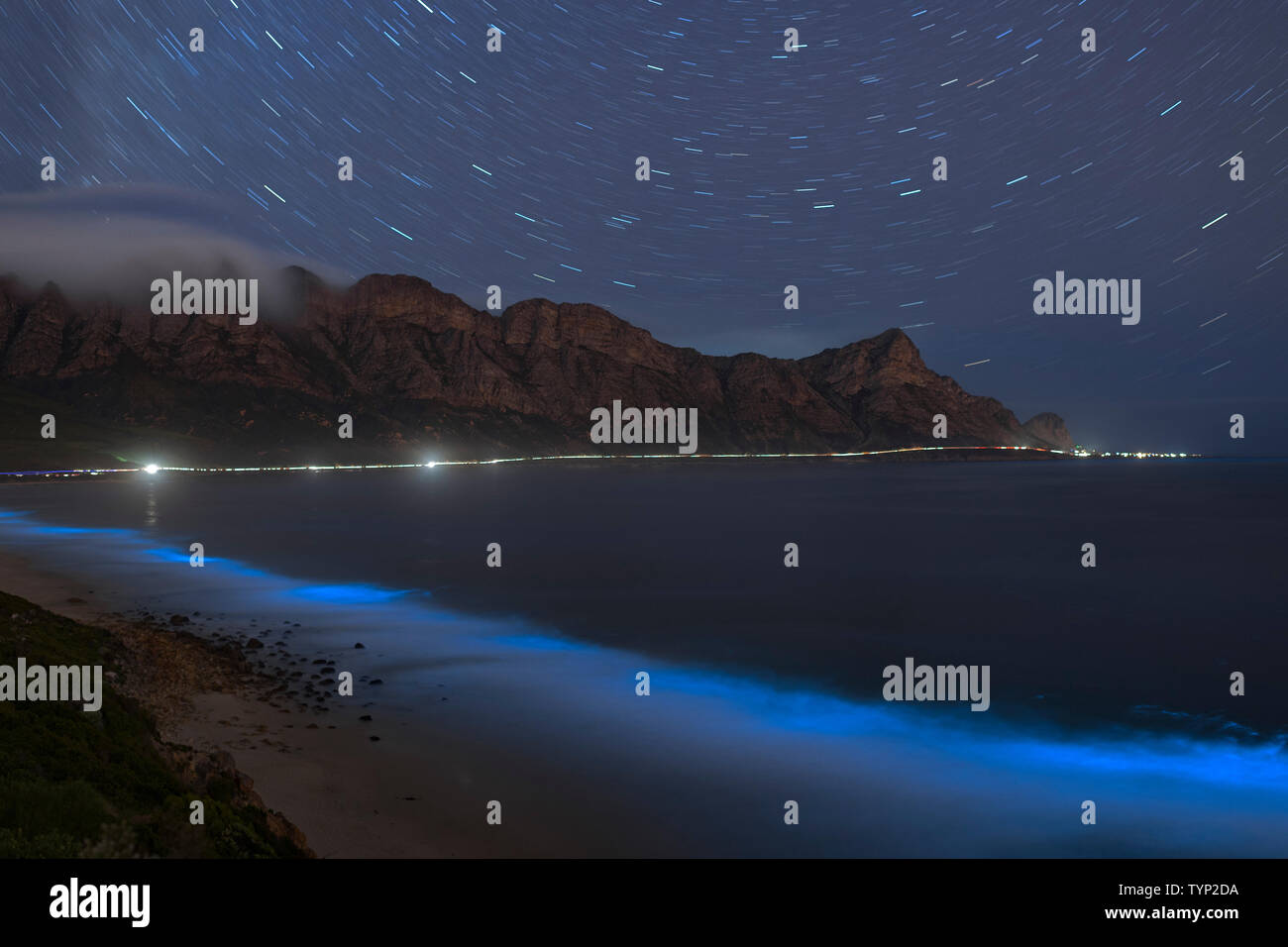 Il fitoplancton bioluminescente illuminare l'oceano lungo la costa a Kogelberg Riserva della Biosfera vicino a Cape Town, Sud Africa. Foto Stock