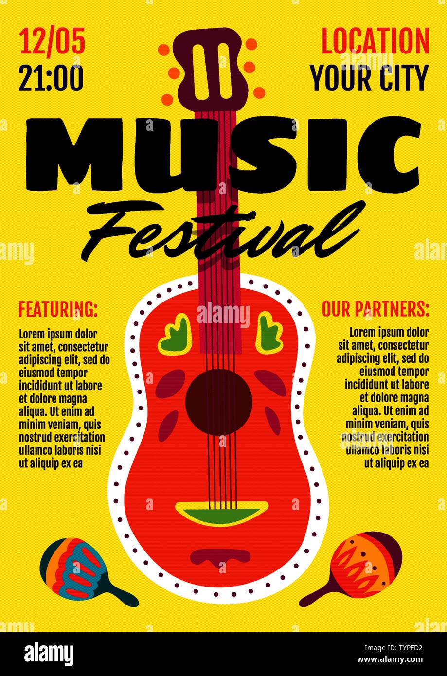 Poster del festival musicale o modello di progettazione di un volantino di invito. Chitarra acustica e maracas su sfondo giallo. Concerto di festa musicale dal vivo. Immagine eps vettoriale eventi formato A3 A4 Illustrazione Vettoriale