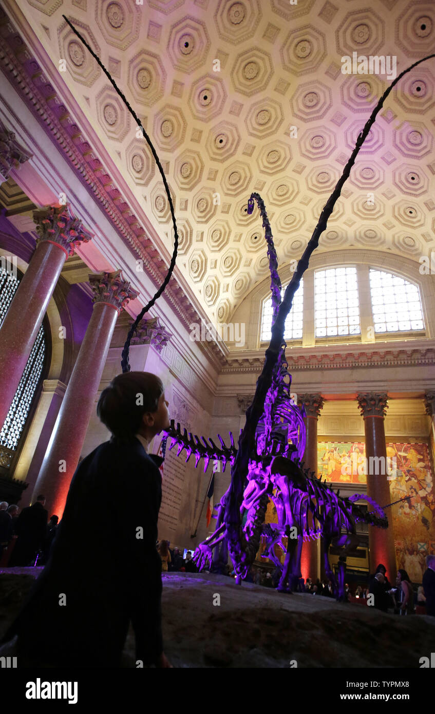 Un ragazzo si ferma a guardare fossili di dinosauro durante l'ora del cocktail al 111Explorers Club cena annuale presso il Museo Americano di Storia Naturale di New York City il 21 marzo 2015. La cena mette in evidenza un weekend che include gli eventi speciali e le discussioni del pannello con molti dei mondi più famosi e illustri esploratori. Foto di Giovanni Angelillo/UPI Foto Stock