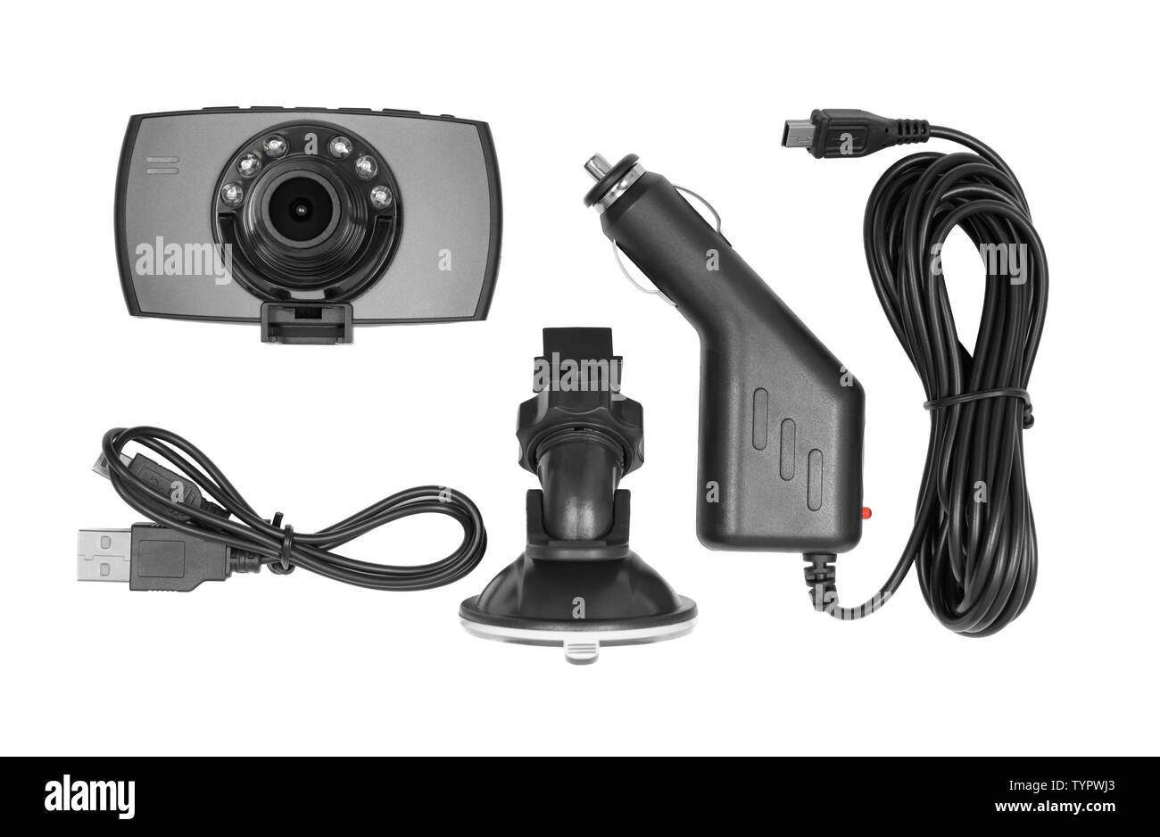 Cruscotto telecamera DVR registratore video impostare isolati su sfondo bianco Foto Stock
