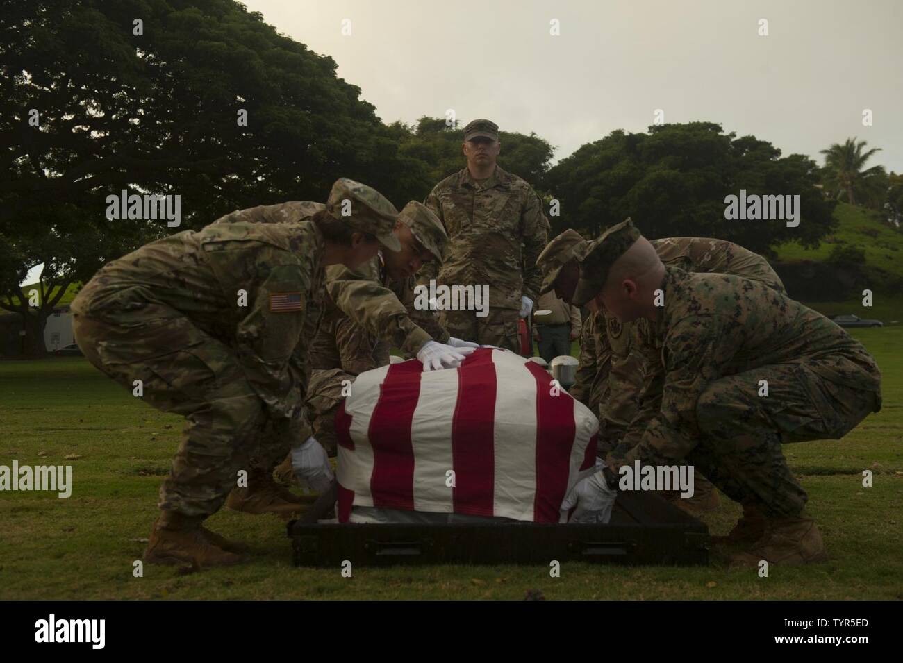 Negli Stati Uniti i membri del servizio con la difesa POW/mia agenzia di contabilità (DPAA) Drappo un bandiera degli Stati Uniti su un riesumato scrigno con i resti di un servizio sconosciuto membro dal National Memorial Cemetery del Pacifico a Honolulu, Hawaii, nov. 21, 2016. I resti sarà ripreso al DPAA laboratorio di analisi e identificazione come parte della missione per fornire il massimo possibile per la contabilità del nostro personale mancante per le loro famiglie e per la nazione. Foto Stock