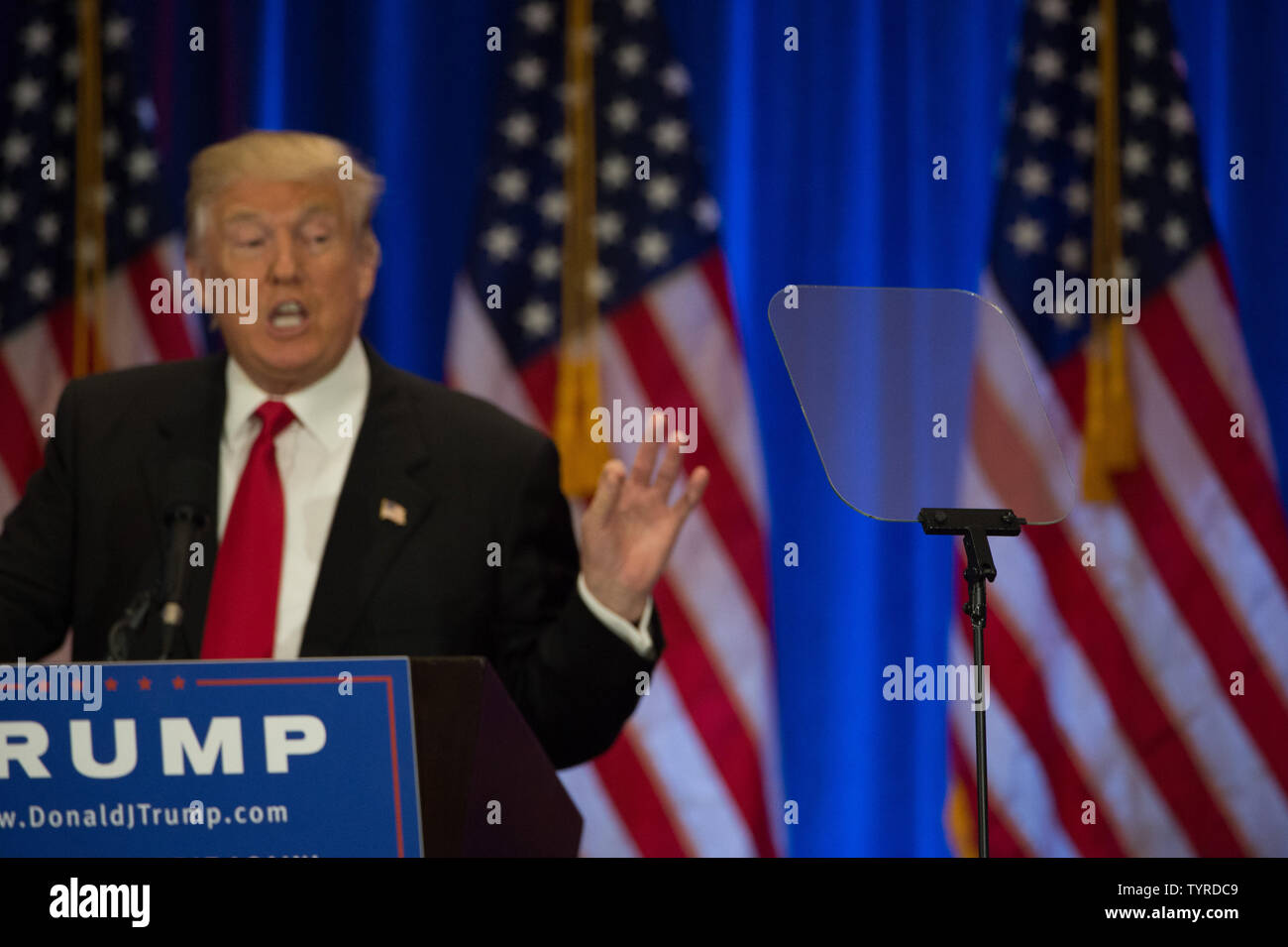 Candidato repubblicano per il presidente Donald Trump parla al Trump Soho Hotel, 22 giugno 2016 a New York City. Foto di Bryan R. Smith/UPI Foto Stock