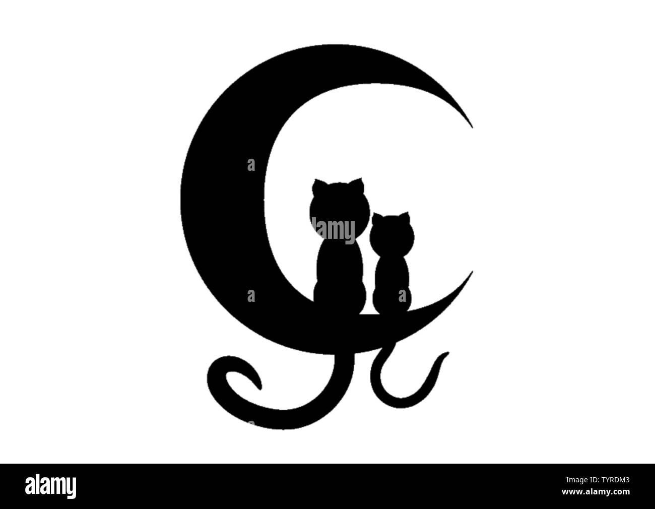 Cartoon illustrazione di un due gatti seduti su una luna. Si tratta di una silhouette nera. Illustrazione Vettoriale