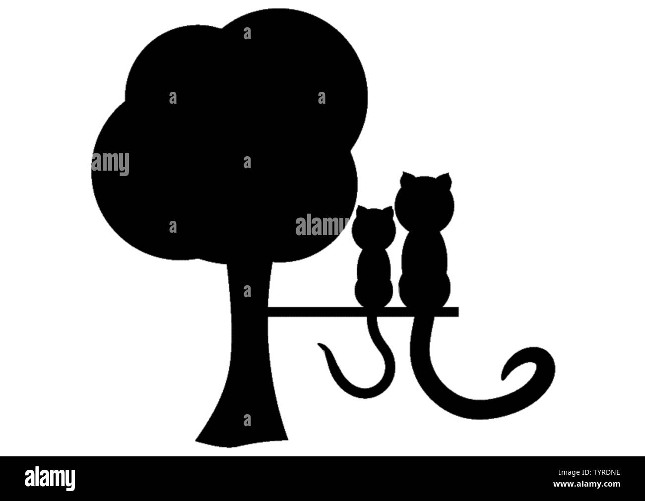 Cartoon illustrazione di un gatto seduto su un albero. Si tratta di una silhouette nera. Illustrazione Vettoriale