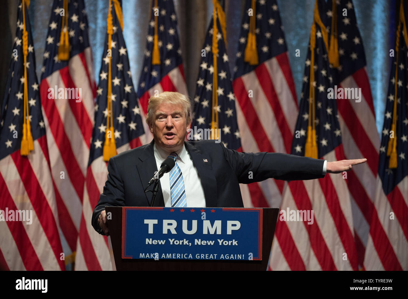 Presunto candidato repubblicano per il presidente Donald Trump parla nel corso di una conferenza stampa a New York Hilton sulla luglio 16, 2016 a New York City. Foto di Bryan R. Smith/UPI Foto Stock
