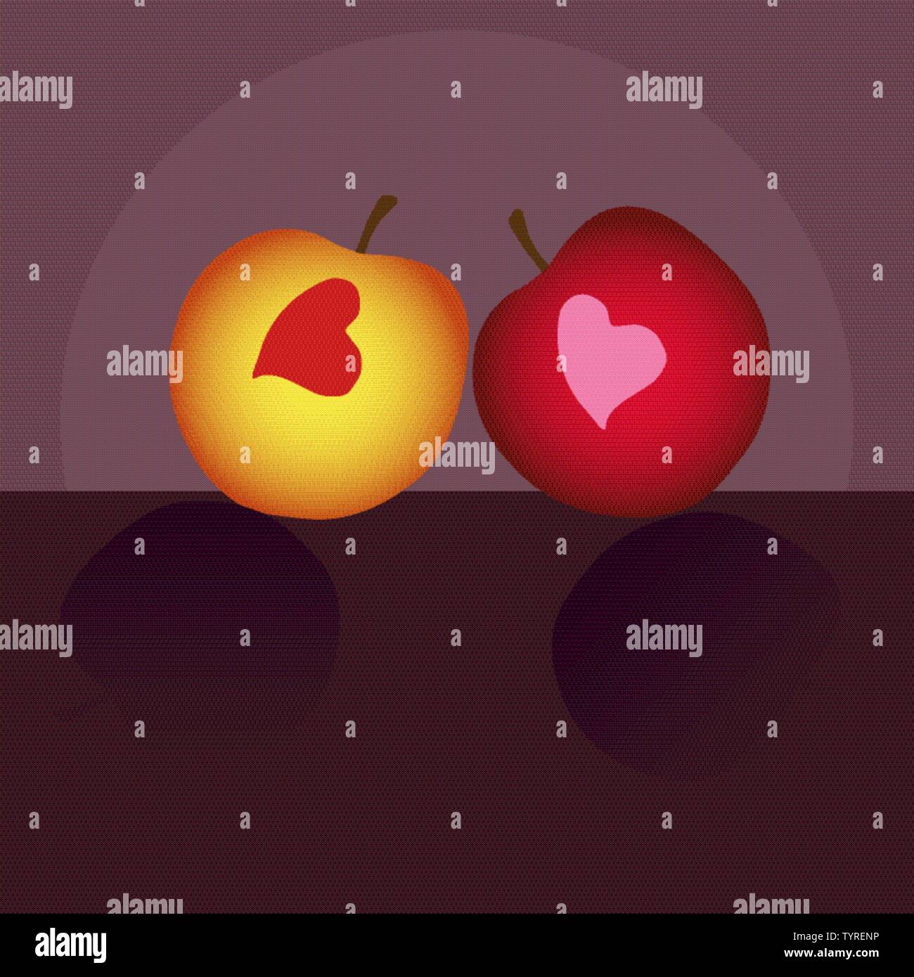 Due mele con cuori rosa. È illustrazione vettoriale. Si tratta di immagini di San Valentino. Illustrazione Vettoriale