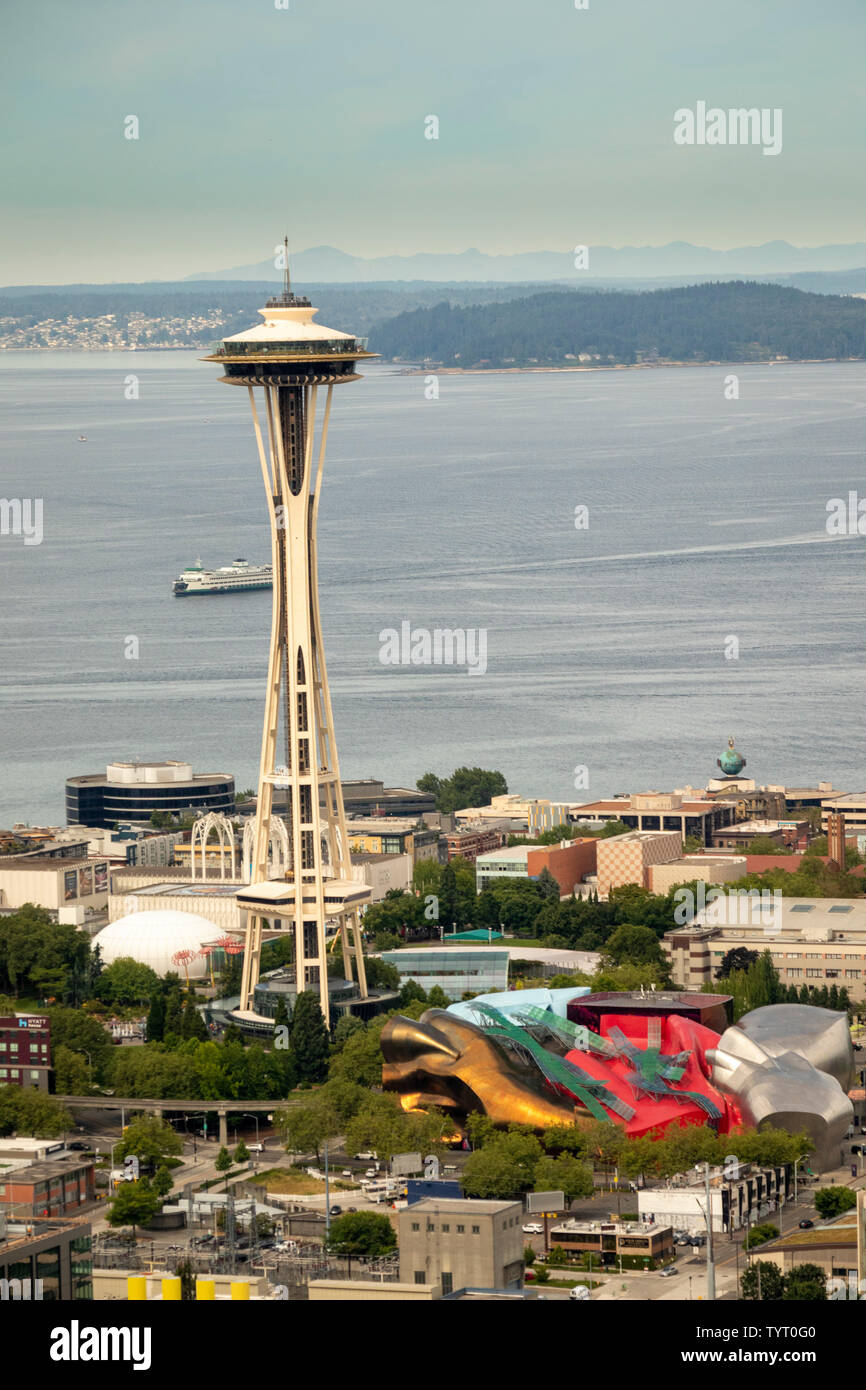 Vista aerea dello Space Needle, Seattle, nello Stato di Washington, USA Foto Stock