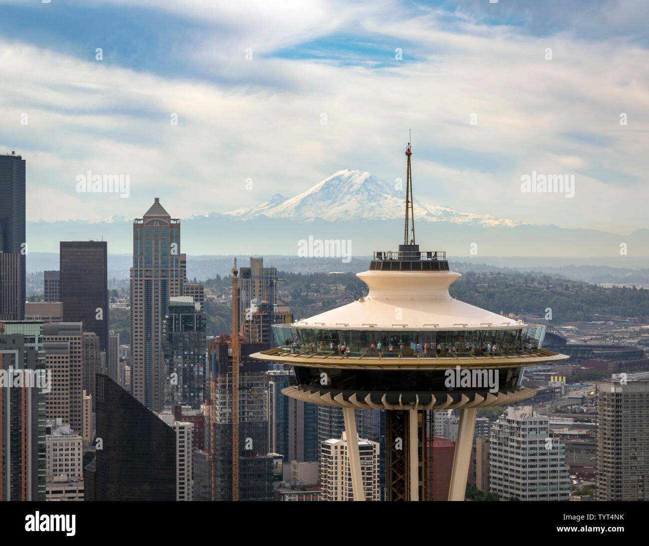 Vista aerea dello Space Needle, Seattle, nello Stato di Washington, USA Foto Stock