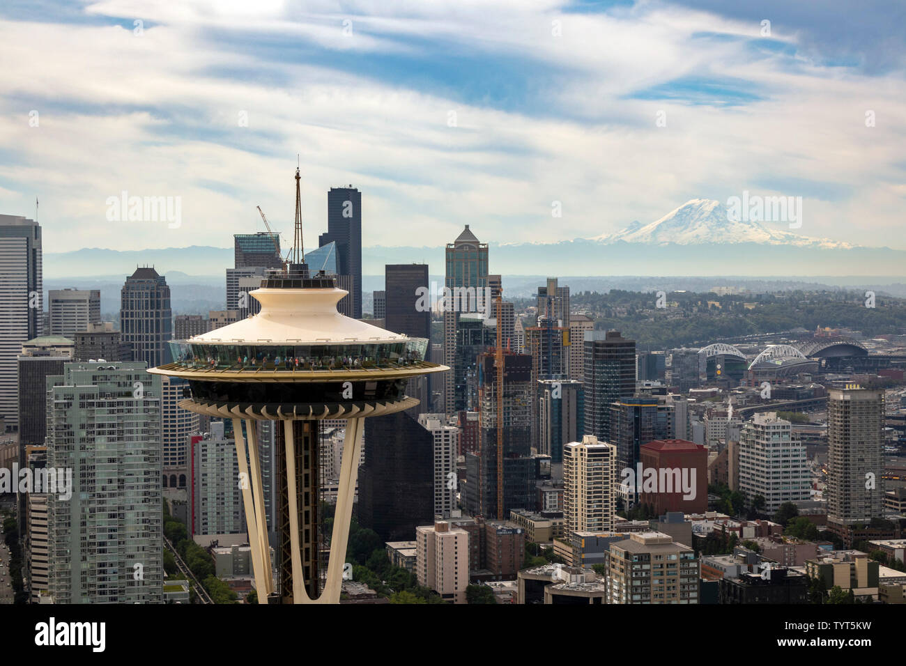 Vista aerea dello Space Needle, Seattle, nello Stato di Washington, USA Foto Stock