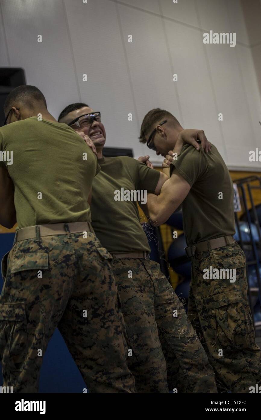 Stati Uniti Marine Corps PFC. Nick Farruggia, la polizia militare con il maresciallo prevosto di ufficio, è tased Taser durante il corso di formazione per la certificazione al Marine Corps Air Station Iwakuni, Giappone, nov. 31, 2016. Il 50.000 volt prodotta dall'X26 Taser provoca inabilità fisica neuromuscolare dove l'oggetto del contratto i muscoli e lock up, rendendo i singoli in grado di muoversi. La formazione fornita Marines l opportunità di capire come far funzionare il X26 Taser e imparare l'efficacia delle loro apparecchiature. Foto Stock