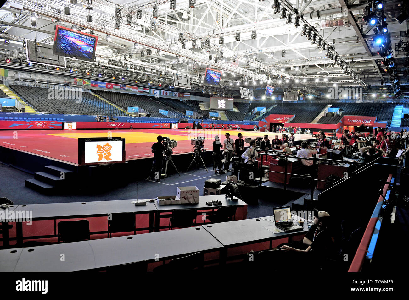 Vista generale del Judo arena al centro espositivo ExCel prima per i giochi olimpici estivi a Londra il 26 luglio 2012. UPI/Ron Sachs Foto Stock