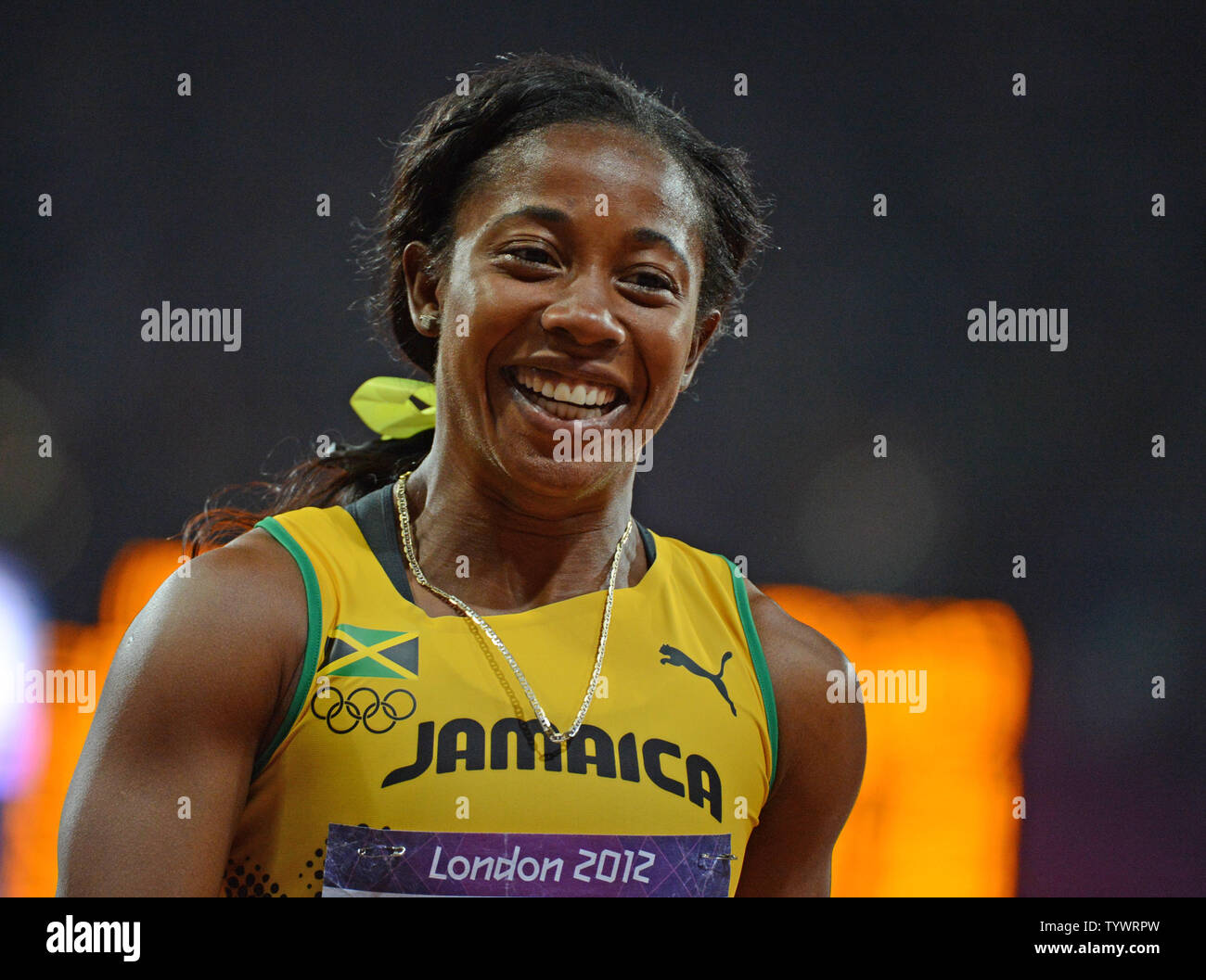 Shelly-Ann Fraser-Pryce della Giamaica vince le donne 100M al London 2012 Olimpiadi di estate il 4 agosto 2012 a Londra. UPI/Terry Schmitt Foto Stock