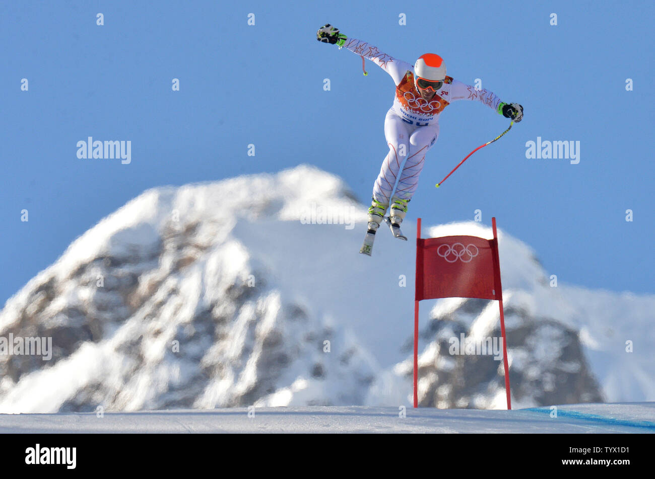 Stati Uniti di Bode Miller compete in uomini Super combinate a Sochi 2014 Olimpiadi invernali il 14 febbraio 2014 in Krasnaya Polyana, Russia. UPI/Kevin Dietsch Foto Stock