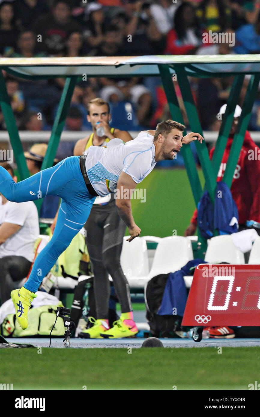 Finlandese Antti Ruuskanen compete nel finale di Uomini Lancio del giavellotto durante le gare di atletica presso il Rio 2016 Olimpiadi di estate a Rio de Janeiro, Brasile, il 20 agosto 2016. Foto di Richard Ellis/UPI Foto Stock