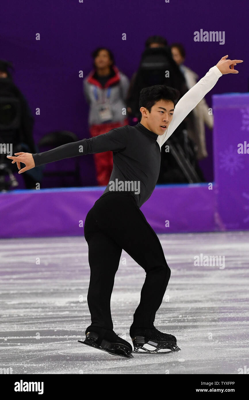 Nathan Chen di gli Stati Uniti compete in uomini di pattinaggio singolo breve programma durante il Pyeongchang 2018 Olimpiadi invernali, a Gangneung Ice Arena in Gangneung, Corea del Sud, il 16 febbraio 2018. Foto di Richard Ellis/UPI Foto Stock