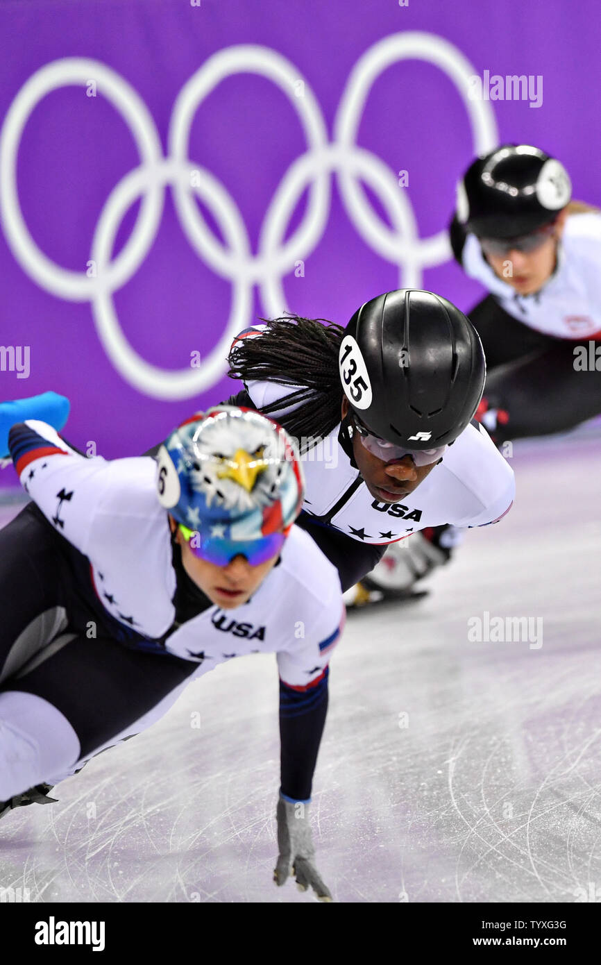 Biney Maame degli Stati Uniti durante le signore 1500m Short Track pattinaggio di velocità finali all'Pyeongchang 2018 Olimpiadi invernali, a Gangneung Ice Arena in Gangneung, Corea del Sud, il 17 febbraio 2018. Foto di Richard Ellis/UPI Foto Stock