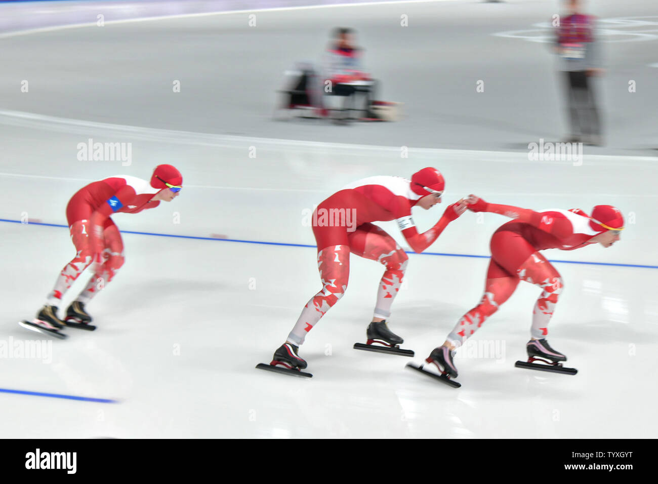 Team Polonia compete nel Signore pattinaggio di velocità team Pursuit semifinali durante il Pyeongchang 2018 Olimpiadi invernali, a Gangneung ovale in Gangneung, Corea del Sud, il 21 febbraio 2018. Foto di Richard Ellis/UPI Foto Stock