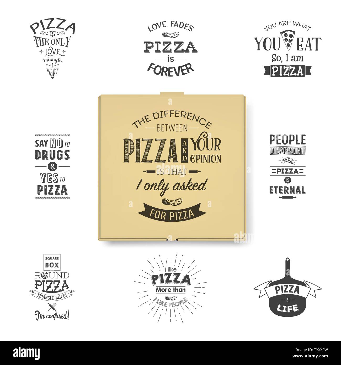 Vettore 3D realistici Blank marrone carta Craft Scatola pizza template con virgolette tipografiche Closeup isolati su sfondo bianco. Mockup per il logo Illustrazione Vettoriale