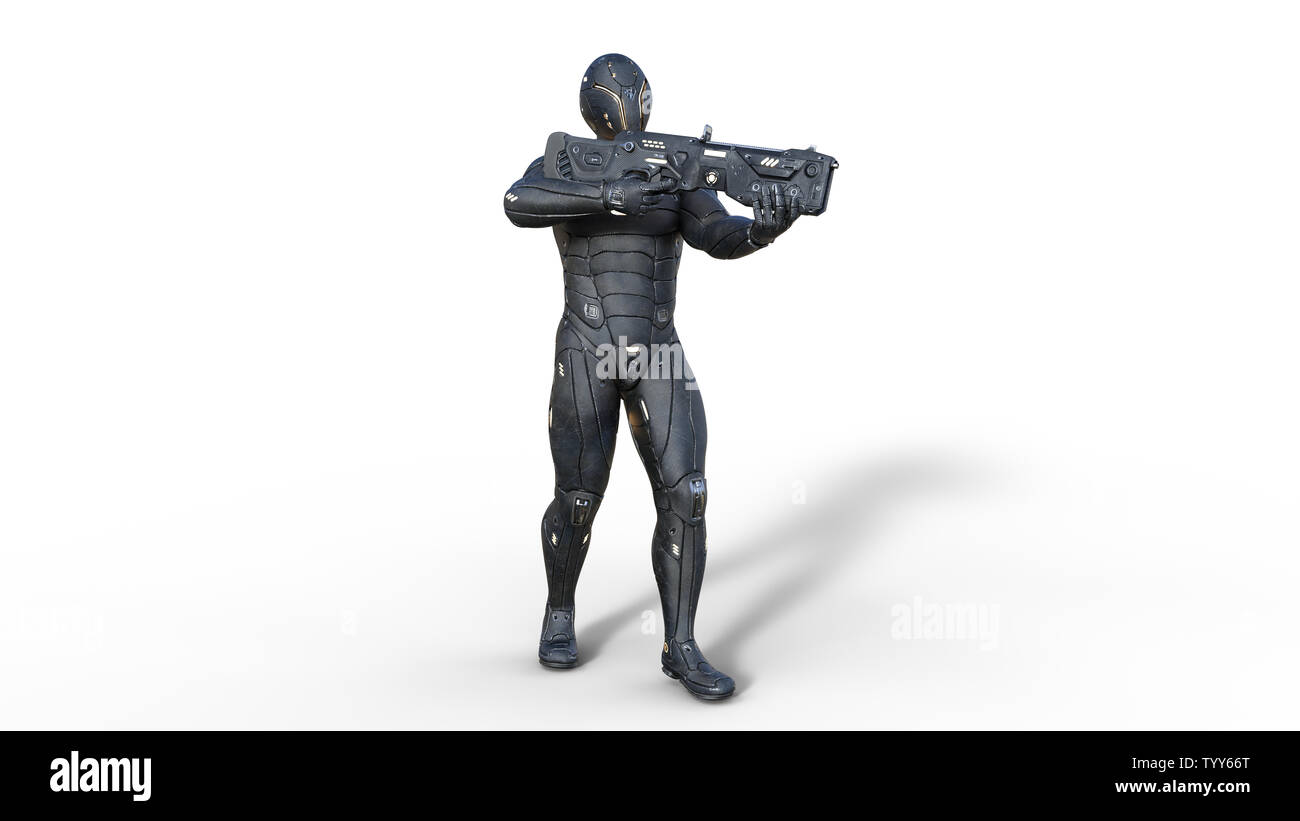 Il futuristico android soldato in bulletproof armor, cyborg militari armati con sci-fi pistola fucile in piedi e riprese su sfondo bianco, rendering 3D Foto Stock
